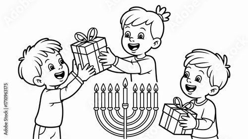 Children exchanging gifts beside a menorah celebrating Hanukkah  
