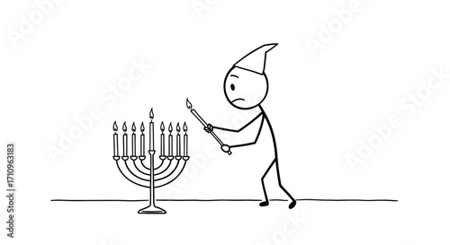 Stick figure lighting menorah candles during Hanukkah celebration  