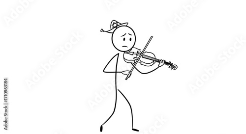 Stick figure playing violin with a sad expression on white background  
