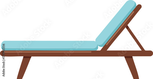 Blue cushioned wooden lounge chair for outdoor relaxation and sunbathing vector illustration 