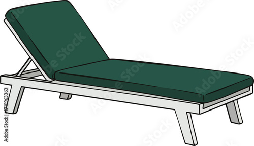 Outdoor lounge chair with green cushion and wooden frame vector illustration for backyard relaxation and patio furniture design 