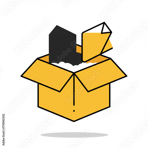 Illustration of open cardboard box with black and yellow objects inside