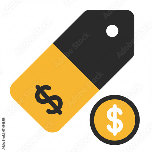 Illustration of price tag with dollar sign and coin, representing cost and value