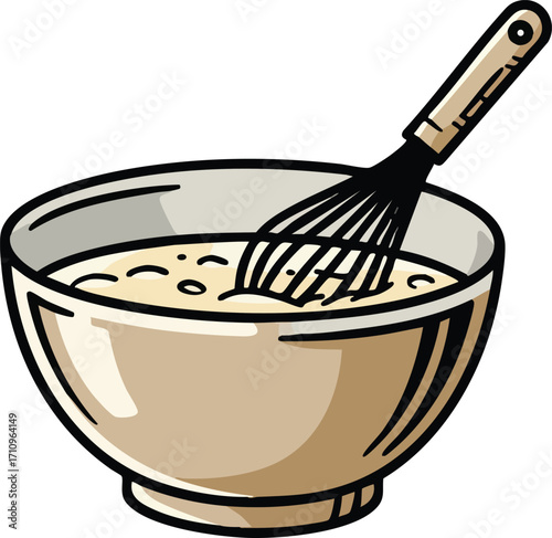 Mixing bowl with whisk stirring batter or dough kitchen utensil vector illustration for cooking and baking activities 