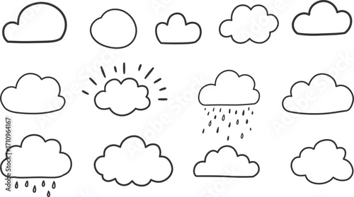 Doodle style weather icons set including sun clouds and rain on transparent background