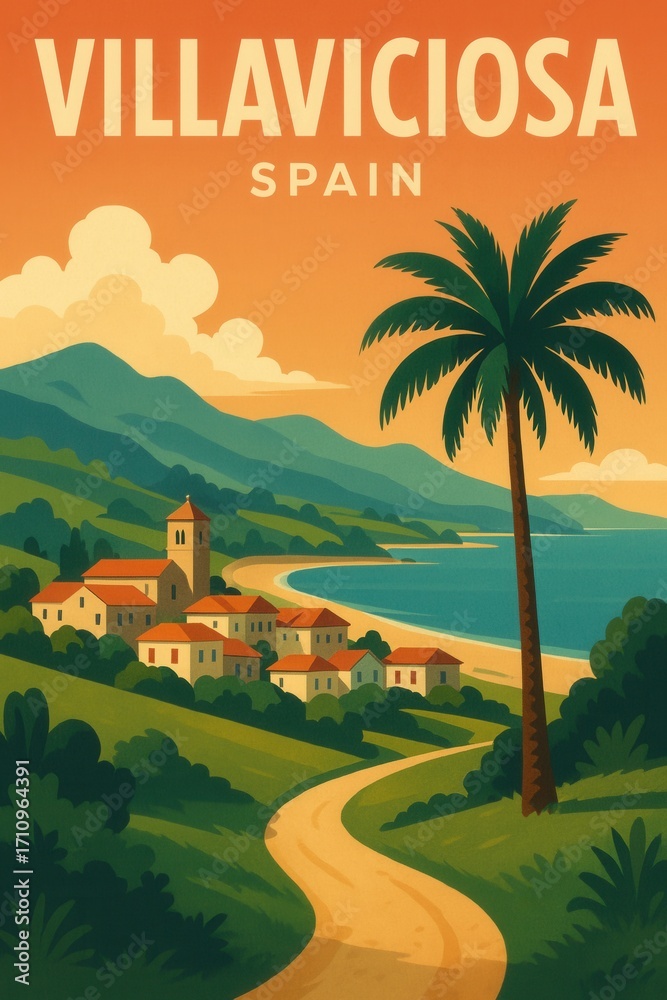Naklejka premium Travel poster of Villaviciosa, Spain depicting a coastal village on a hillside with red-roofed houses, a church tower, palm tree, and sweeping beach by the sea