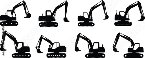 Excavator Silhouette Set Construction Vehicle Vector Illustration