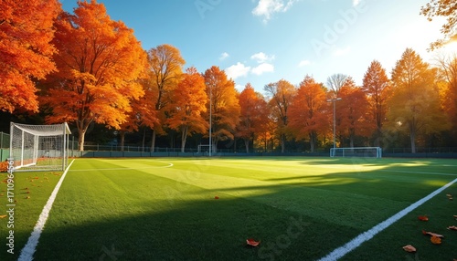 Fototapeta Naklejka Na Ścianę i Meble -  Soccer field surrounded by vibrant autumn foliage. Trees with orange leaves frame green pitch. Sunlight illuminates scene creating warm atmosphere. Beautiful sports ground in fall season.