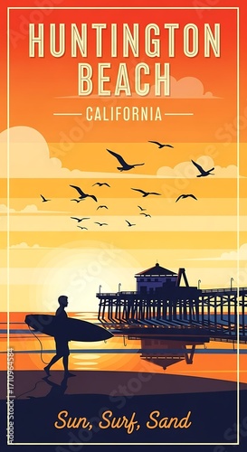 Huntington Beach California retro travel poster vector

