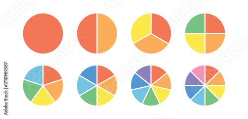 Circle division infographic colorful icon set. Infographic wheel segment and fraction. Pie chart divided equal parts. Color round diagram.
