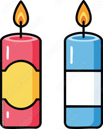 Two burning candles with red and blue wax and yellow and white labels vector illustration 
