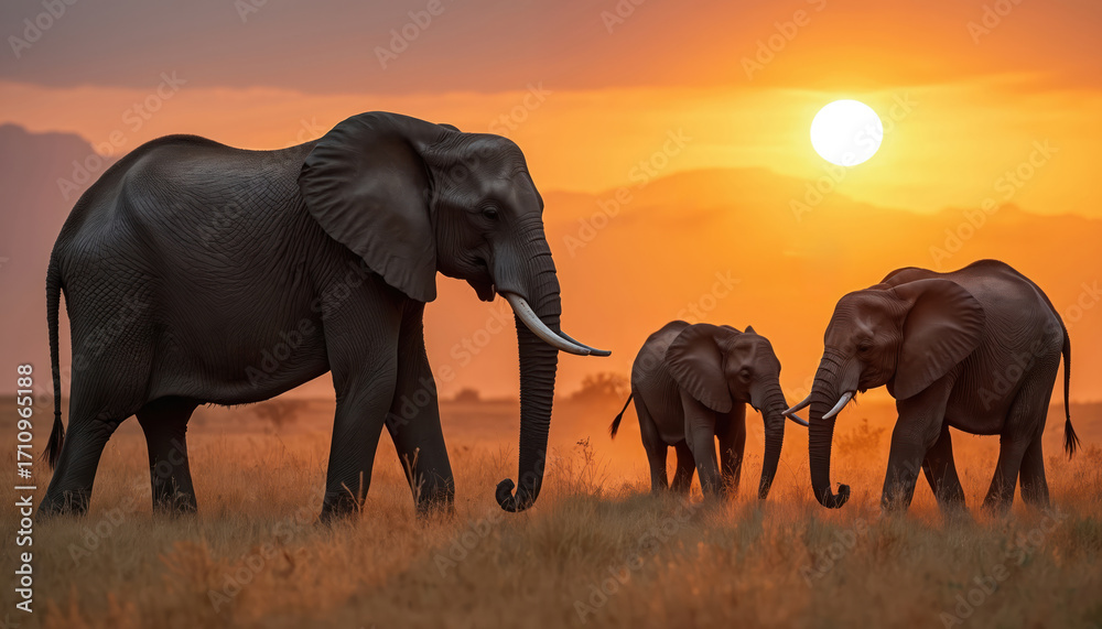 Fototapeta premium Elephant family walks through grassland at sunset. Herd grazes together during magical golden hour with orange sky. Mother guides calves in african landscape environment wildlife nature.