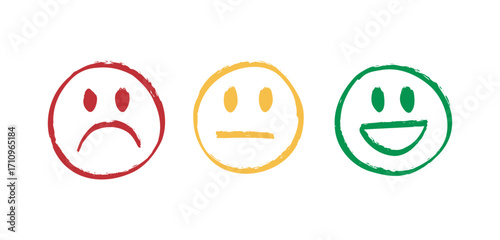 mood set doodle hand drawn faces icon collection. Sad, indifferent and happy emotions. Good, regular and bad rating