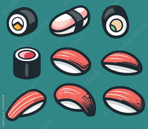 set of simple drawn sushi rolls vector design