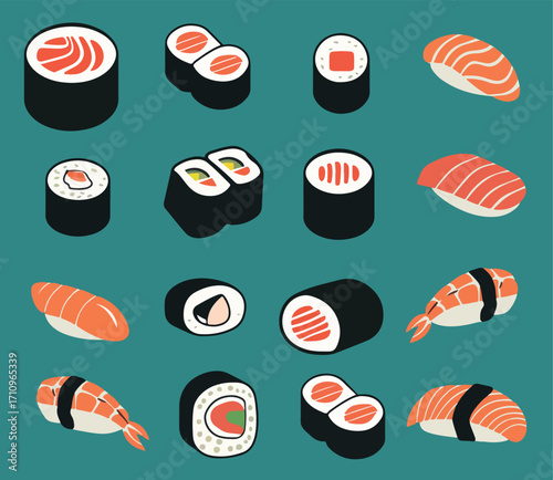 set of simple drawn sushi rolls vector design