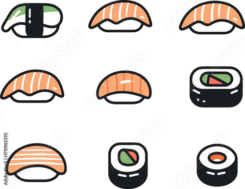 set of simple drawn sushi rolls vector design