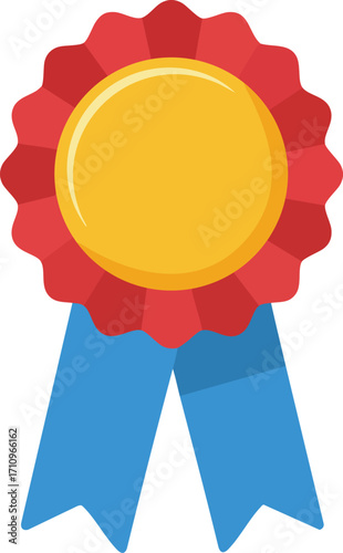 Award ribbon with yellow center and red scalloped edge and blue hanging tails vector illustration for recognition and achievement 