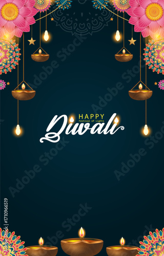 elegant happy diwali background with lights and mandala decoration