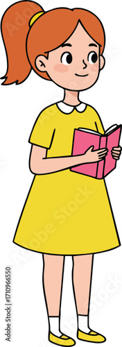 Girl reading book in yellow dress standing and holding pink book simple vector illustration 
