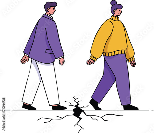 Two people walking away from each other with crack in ground symbolizing separation and conflict in purple and yellow outfits vector illustration 