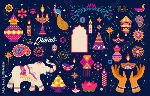happy diwali vector background with lights,floral elements, elephant, hands, candles, peacock, fireworks