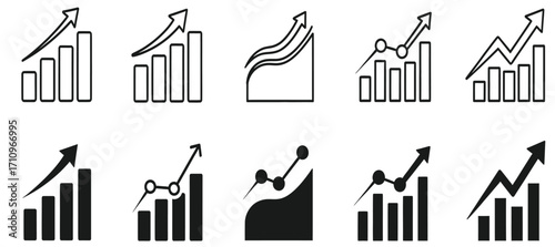 Growth Chart Icon Set Featuring 10 Stylized Data Visuals in Outline and Solid Styles Representing Upward Trends in Business, Finance, and Analytics