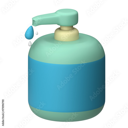 Stylized 3D rendering of a pump action dispenser bottle with a drop of liquid, emphasizing critical hygiene, handwashing, and sanitization for public health and daily personal wellness