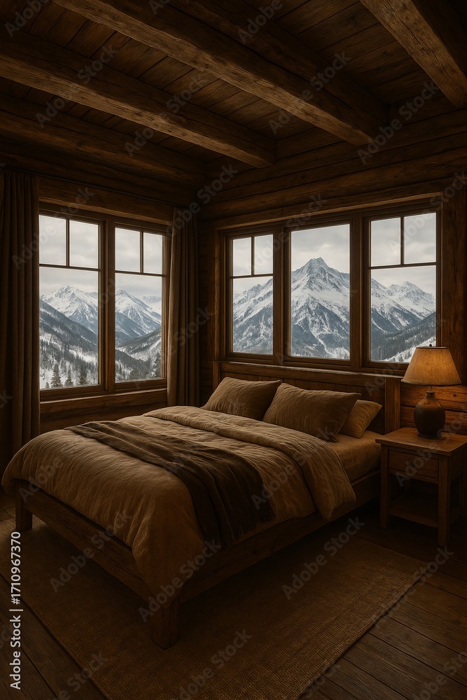 Fototapeta premium Cozy wooden bedroom with mountain view windows
