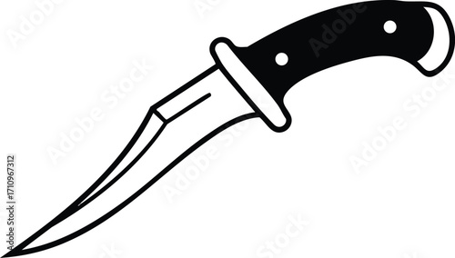 Curved hunting knife with black handle vector illustration design for outdoor and survival equipment use 