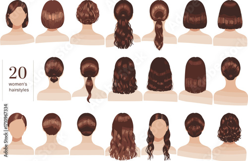 Back View Collection of 20 Stylish Women’s Hairstyles Featuring Braids, Buns, Ponytails, Waves, and Updos in Vector Format for Fashion and Beauty Design