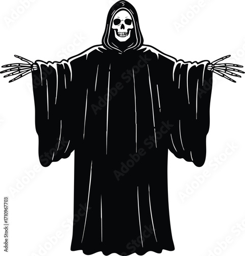 Grim Reaper with Outstretched Arms in Black Hooded Robe Skeleton Illustration Vector Artwork 