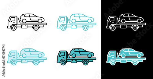 Flatbed tow truck transporting car icon for vehicle shipping in line and fill style