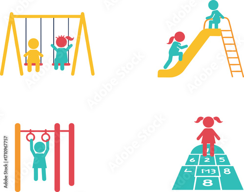 Children playground activity set with swings, slide, gymnastic rings, and hopscotch grid for outdoor fun, physical exercise, and childhood recreation vector design