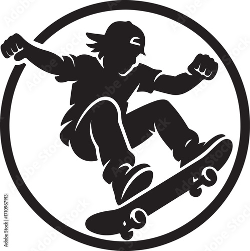 Skateboard Rebel Silhouette Mascot Logo with Dynamic Trick Pose for Street Culture, Esports, and Youth Branding