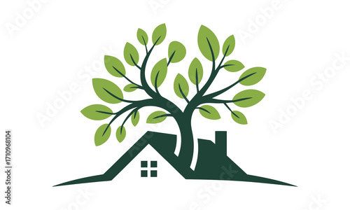 Green tree growing out of a house roof symbolizing eco-friendly real estate and sustainability