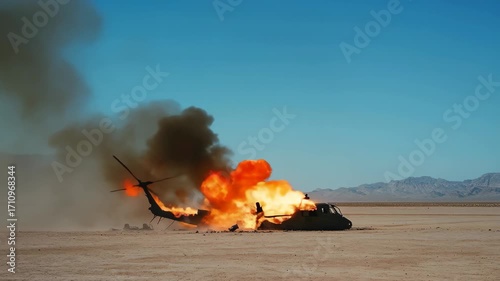 Military helicopter engulfed in flames after being shot down during a conflict in a desolate desert landscape, A military helicopter shot down in flames in an empty desert