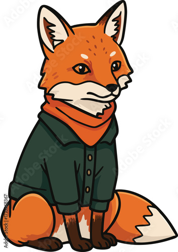 Fox with orange fur wearing green jacket and scarf sitting calmly vector illustration 