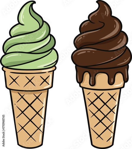 Two ice cream cones with mint green and chocolate soft serve swirls in waffle cones summer dessert treat 