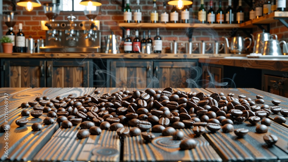 Obraz premium Freshly roasted coffee beans on wood with aromatic steam in warm directional light.