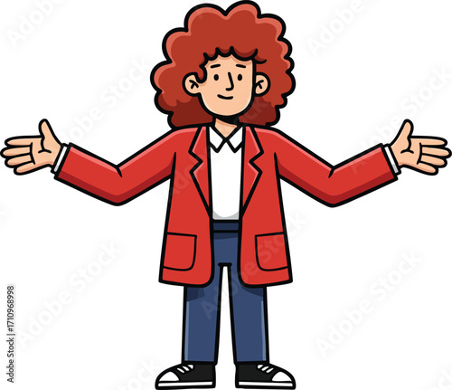 Person with curly hair wearing red jacket and blue pants standing with arms open welcoming gesture vector illustration 