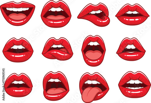 Set of 12 cartoon red lips expressions, glossy mouth icons with tongue, teeth, kiss, and smile poses for pop art, fashion, and emoji design