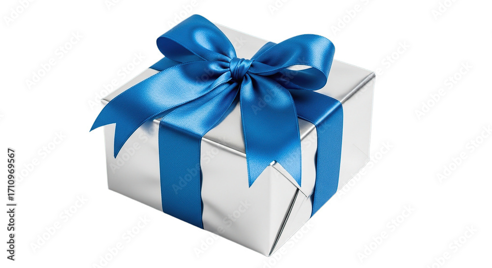 Obraz premium White gift box with blue ribbon isolated on black background for celebration and surprise