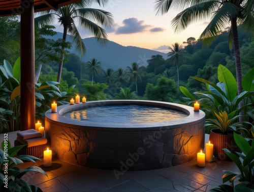 Relaxing hot tub with candlelight in a tropical setting at sunset