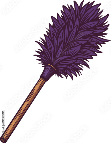 Feather duster cleaning tool with wooden handle in purple color detailed vector illustration for household use and dust removal 