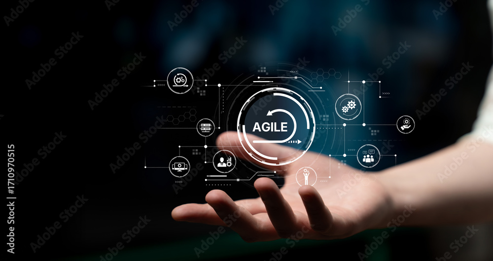 Fototapeta premium Agile project management using teams and agile planning for agile development. Agile enables flexibility, collaboration, and continuous improvement across modern workflows. Spline