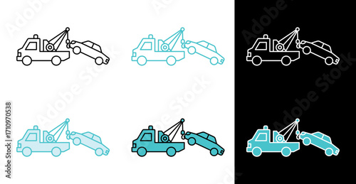 Tow truck lifting car icon for vehicle rescue and road assistance in line and fill style