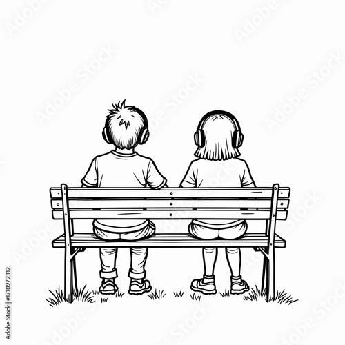 Hand-drawn illustration of two children sitting on a bench with headphones