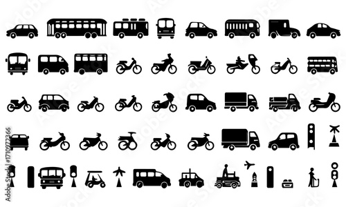Transportation, vehicle icon set. Vector glyph pictograms of travel, logistics, public transit concepts, car, train, bus, bicycle, boat, and airplane black silhouette illustration.