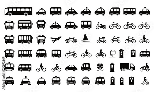 Transportation, vehicle icon set. Vector glyph pictograms of travel, logistics, public transit concepts, car, train, bus, bicycle, boat, and airplane black silhouette illustration.
