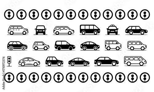 Transportation, vehicle icon set. Vector glyph pictograms of travel, logistics, public transit concepts, car, train, bus, bicycle, boat, and airplane black silhouette illustration.